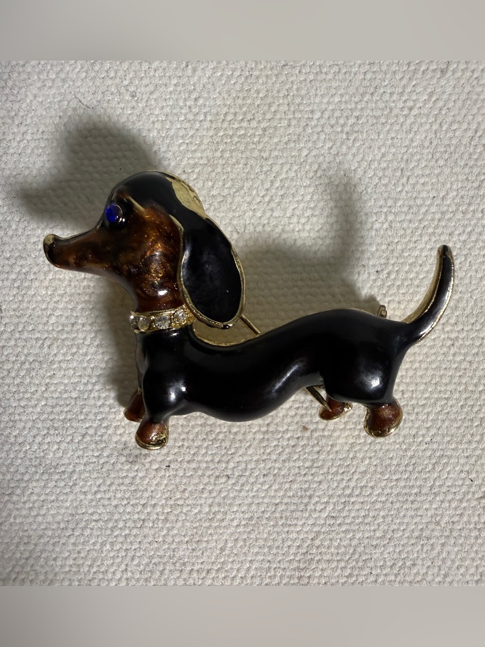 Vintage Dachshund Dog Brooch Pin Black Brown Enamel Rhinestone Collar Weiner Dog
